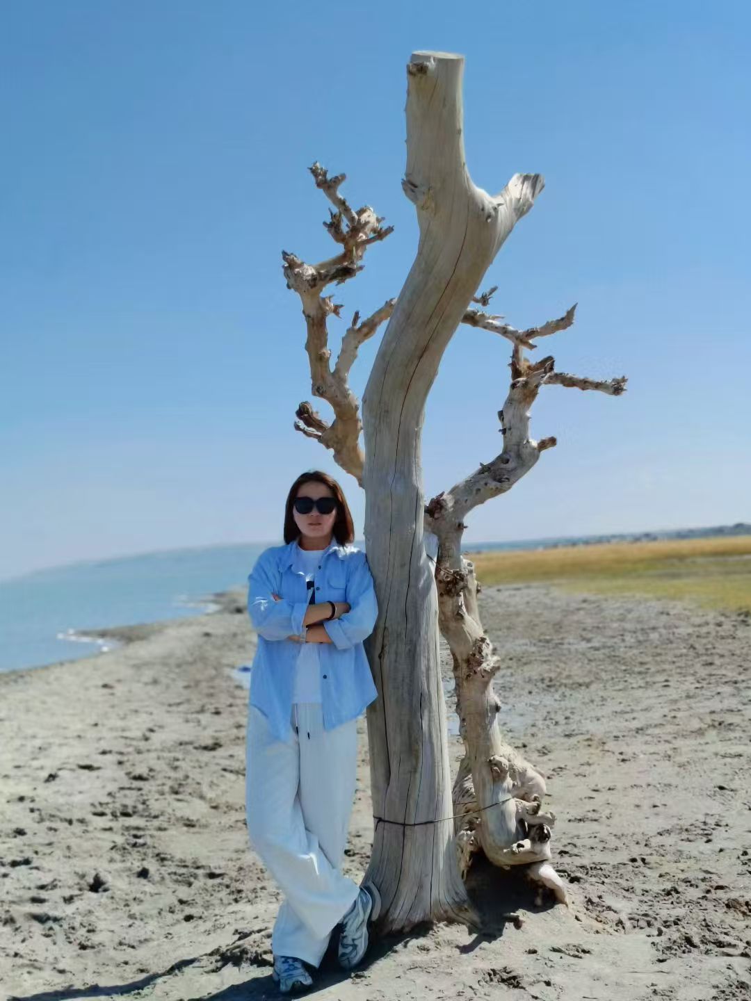 郜津阅站在湖边的枯树旁